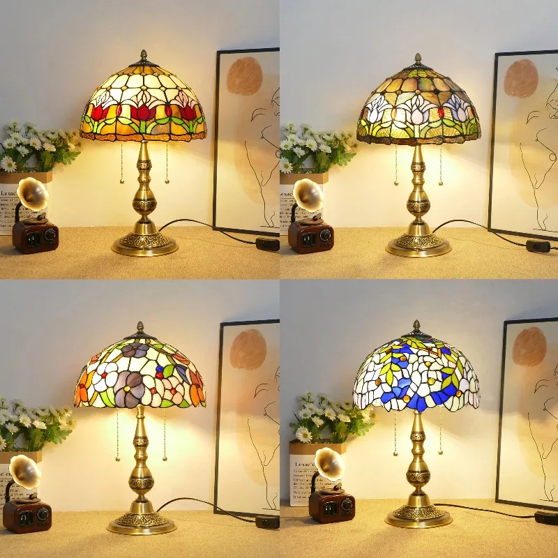 

12-Inch wide stained glass lampshade with copper base living room bedroom bedside table counter hotel ambient light