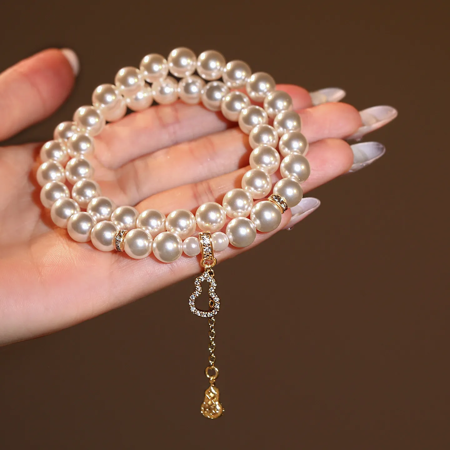 Elegant Double Layer Creamy Satin Shine Bead Chokers Glittering Gourd Charms Eastern Retro Classic Esthetic Graceful Necklaces
