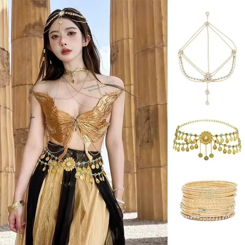 Dunhuang-cadena de diamantes de imitación multicapa de estilo exótico, accesorio para el cabello, Tiara para la frente Vintage griega, cinturón con borlas, cadena para la cintura