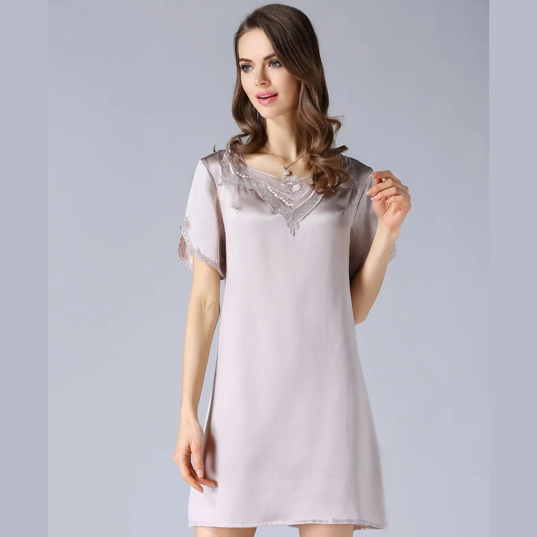 100% seta di gelso vestaglia babydoll camicia da notte sexy per le donne collo in pizzo lingerie femminile camicia da notte pigiama di seta estivo indumenti da notte