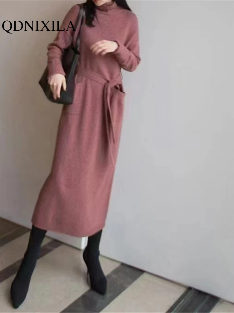 Dresses 2023 Autumn Winter Fashion New In Mid-length Turtleneck Solid Color Pocket Knitted Sweater Long Dresses Woman Clothing