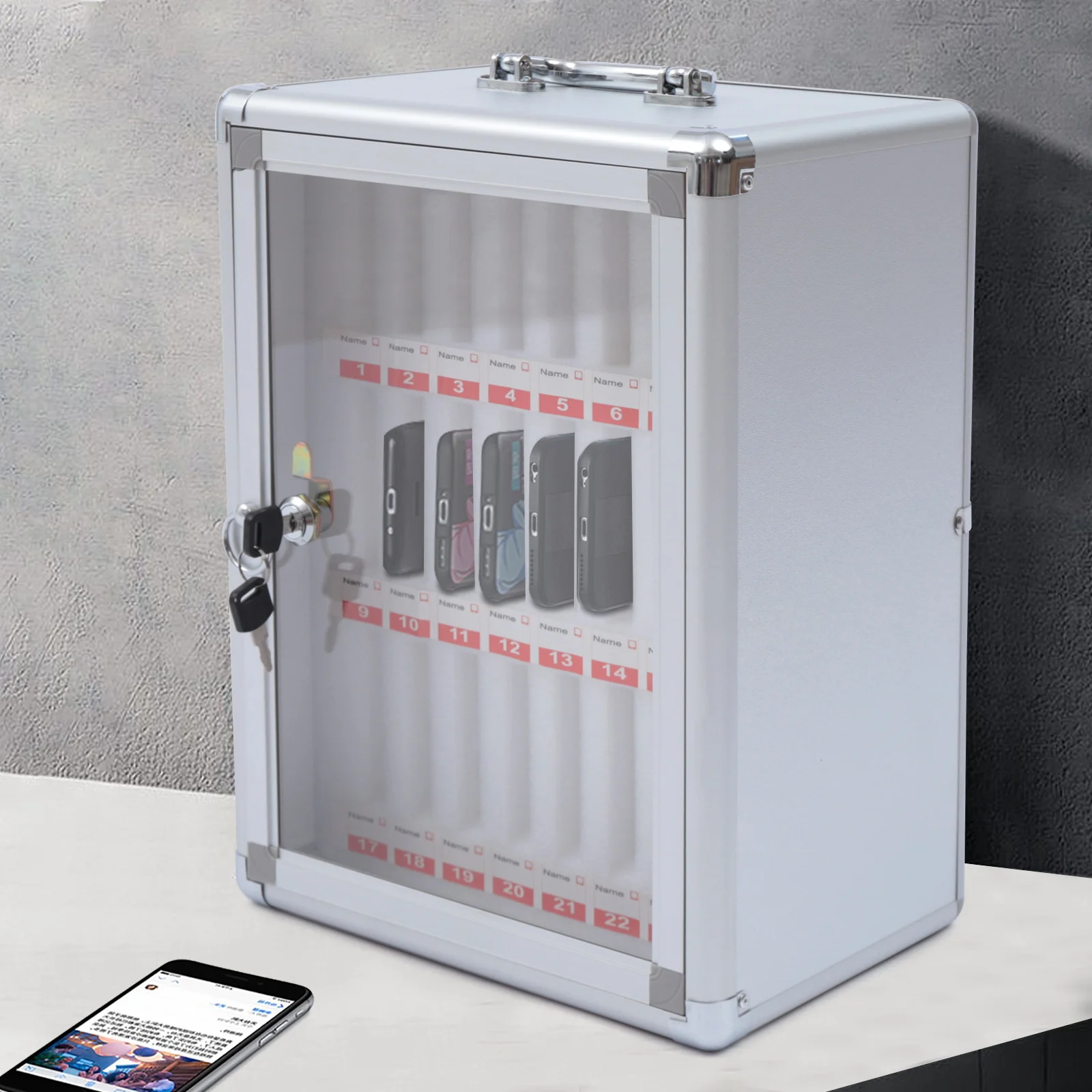 Gabinete de almacenamiento para teléfono celular, 24 compartimentos, bloqueable para seguridad, montaje en pared y opciones de escritorio, almacenamiento en color plateado