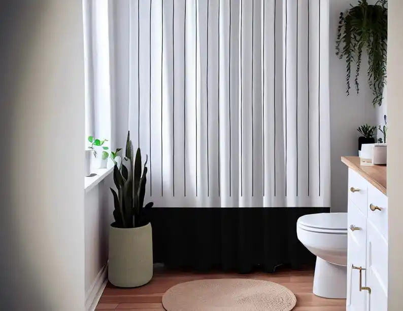 Vertical Line Shower Curtain with Black Panel – Modern Monochrome Bathroom Decor, Minimalist Waterproof Polyester Fabric