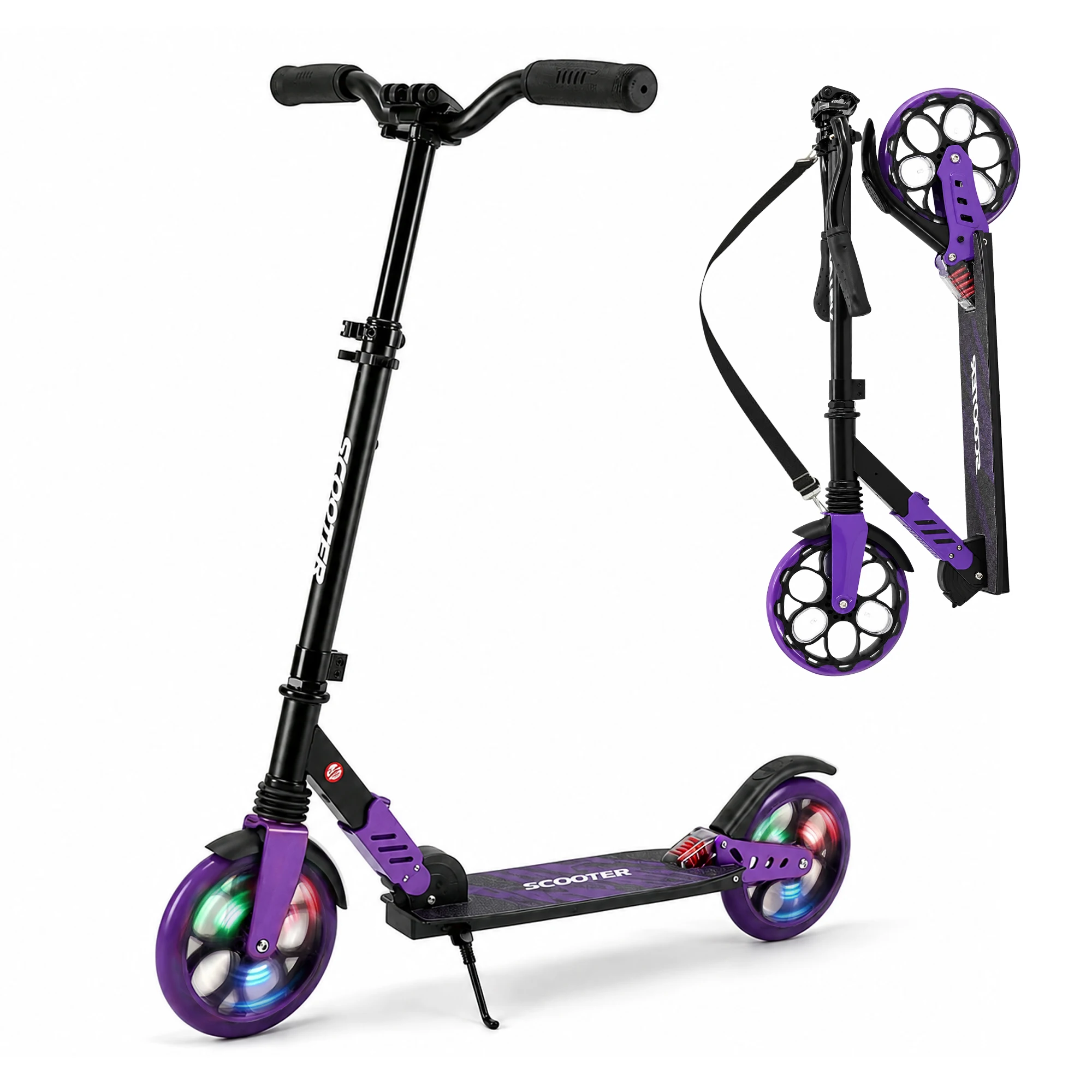 TENBOOM Foldable Kick Scooter for Teens & Adults | 3-Level Adjustable Height, LED Light-Up Wheels, Double Shock Absorber, One-Click Folding Commuter Scooter with Kickstand, Max Load 240Lbs