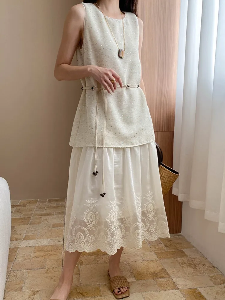 

2025 Summer Sequin Embroidery Patchwork Fake Two-piece Vest Dress Women's Casual Solid Color Round Neck Sleeveless Midi Dress