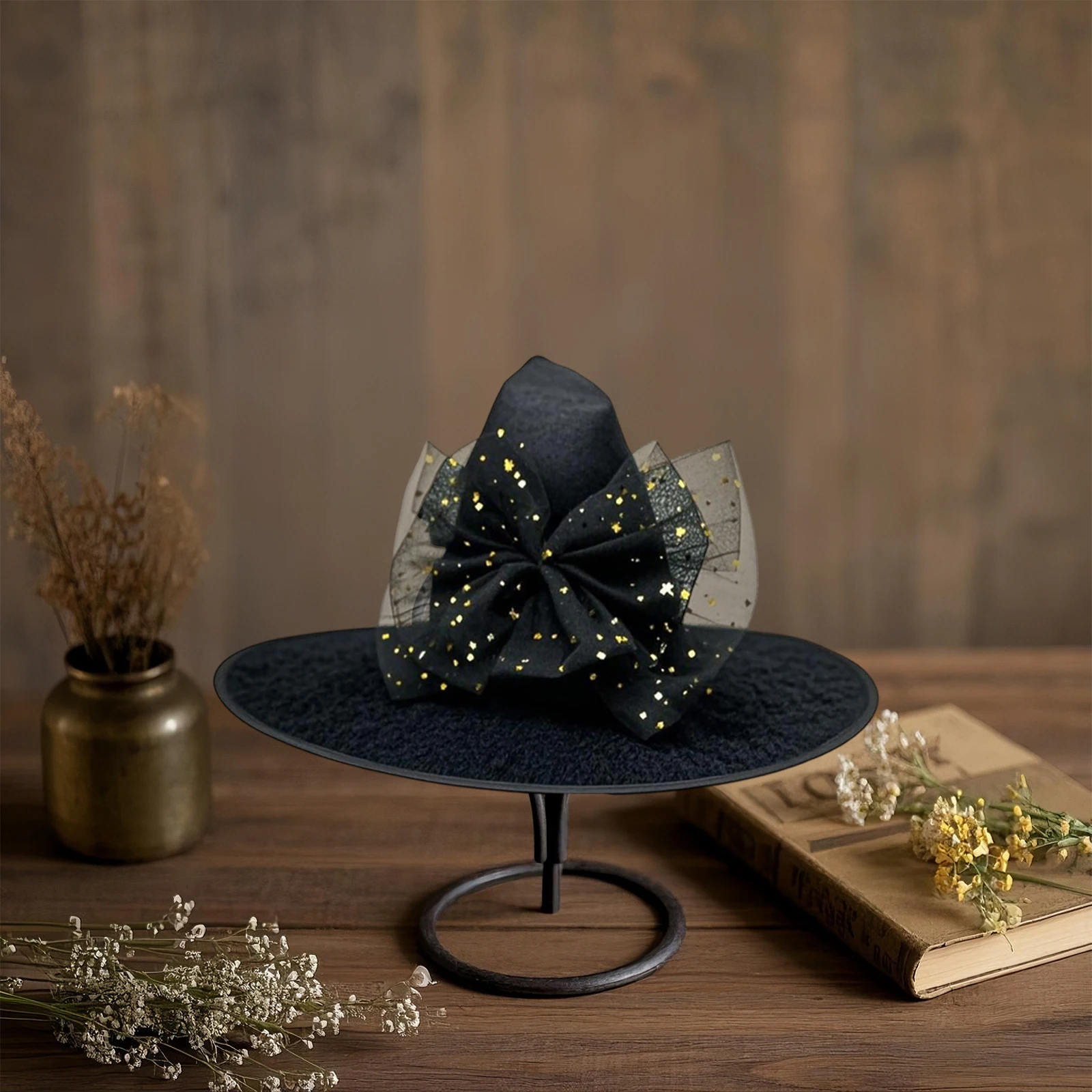 Cappelli da strega di Halloween Donna Paillettes Stella Bowknot Berretto a tesa larga a punta Masquerade Cosplay Party Cappelli da strega Accessorio per costume