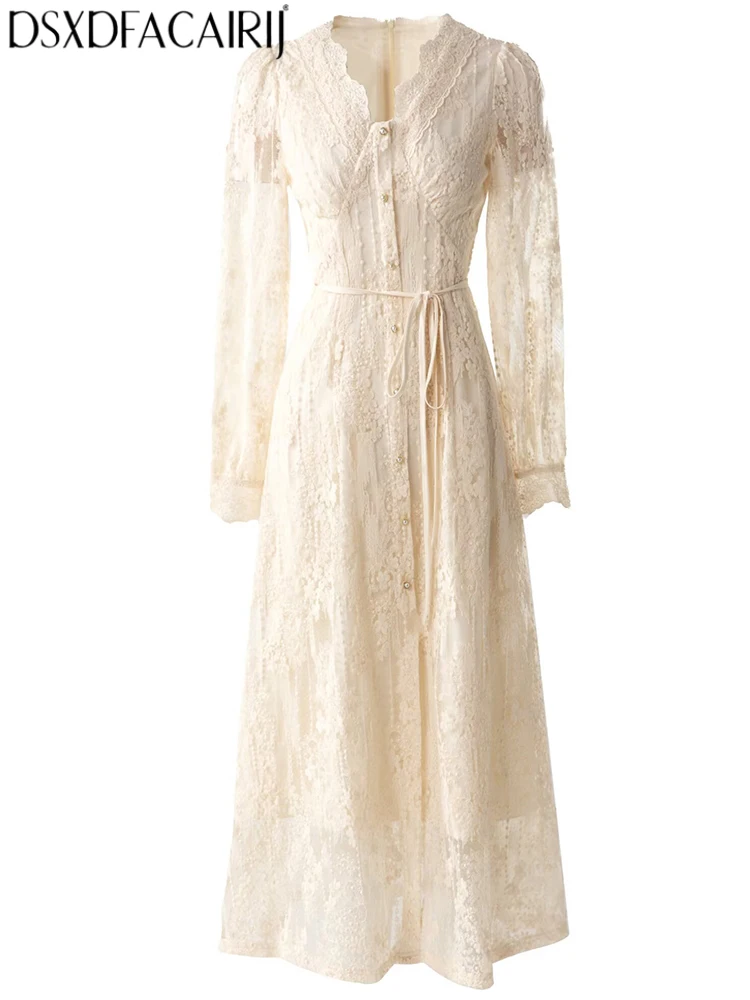 DSXDFACAIRIJ ชุดเดรสผู้หญิงคอวี แขนทรงโคม ผ้าลายแจ็คการ์ด ผูกเชือก แต่งผ้าลูกไม้ สไตล์หวานๆ สำหรับฤดูใบไม้ผลิและฤดูใบไม้ร่วง