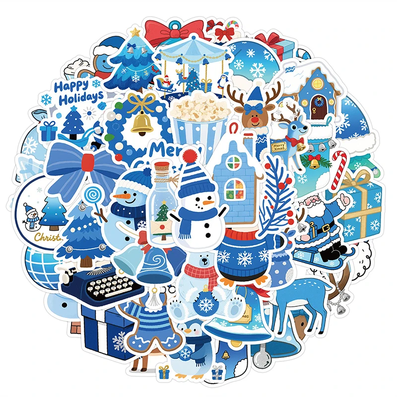 50PCS Blue Winter-Themed Stickers Vintage Christmas Sticker Santa Claus Snowman Decals Pack Waterproof Vinyl Winter Decal
