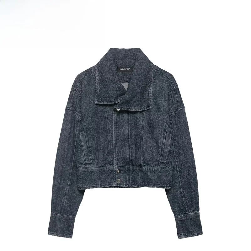 Fashionable Versatile Denim Jacket Women's Short Outerwear Spring Season Standard Fit Long Sleeve Button Closure Polyester