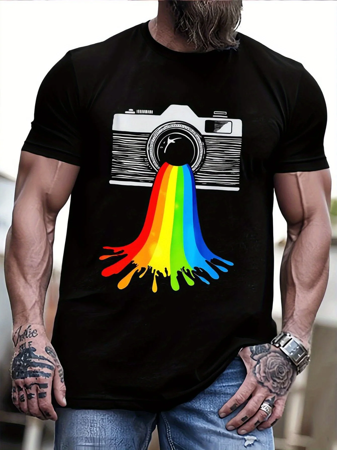 

Rainbow Splash Camera Graphic Print Men's Short Sleeve T-Shirt Breathable Casual Photographer Tee