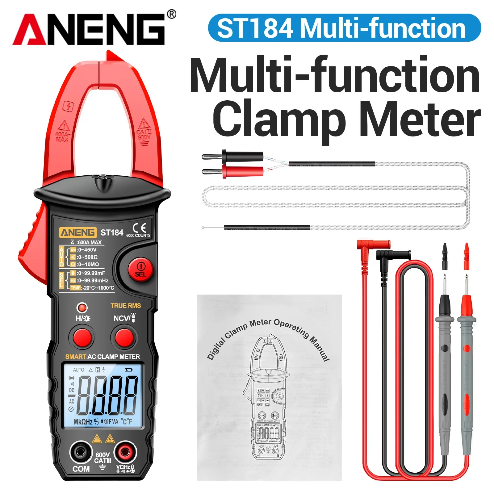 ANENG ST184 digital clamp meter 600A AC/DC current measurement 6000 count multifunctional portable electrical measure instrument