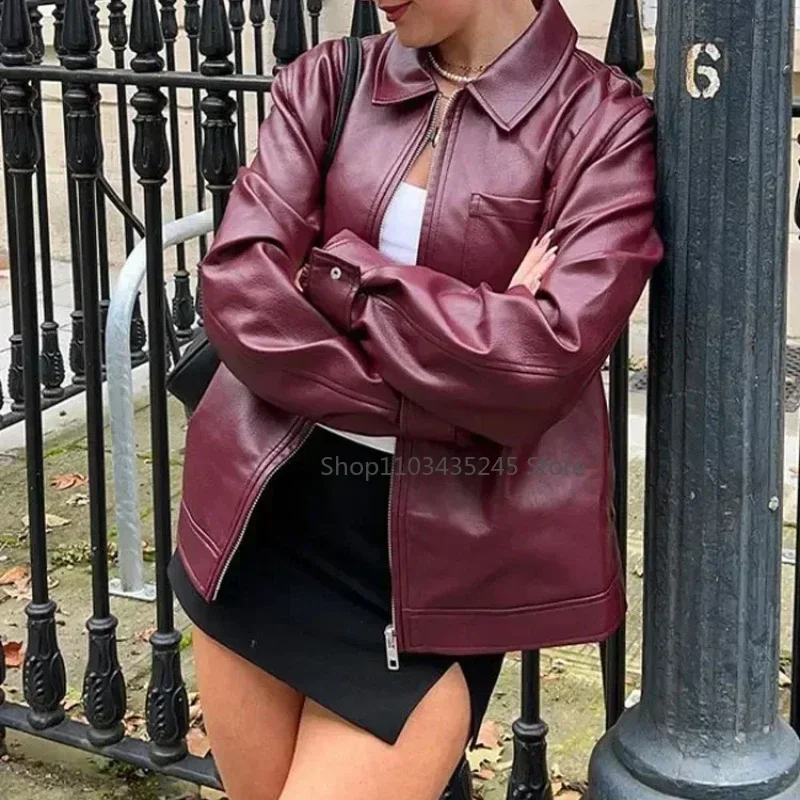 Women Red Lapel Zipper Leather Cropped Coat 2024 Chic Retro Loose Casual Short Jackets Autumn Fashion Motorcycle Leather Tops