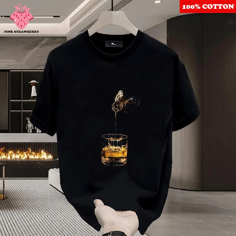 

High quality men's T-shirt Summer New 100% Cotton Short Sleeve Wine Glass Pattern Print T-shirt Casual Comfort Top Mens Clothing