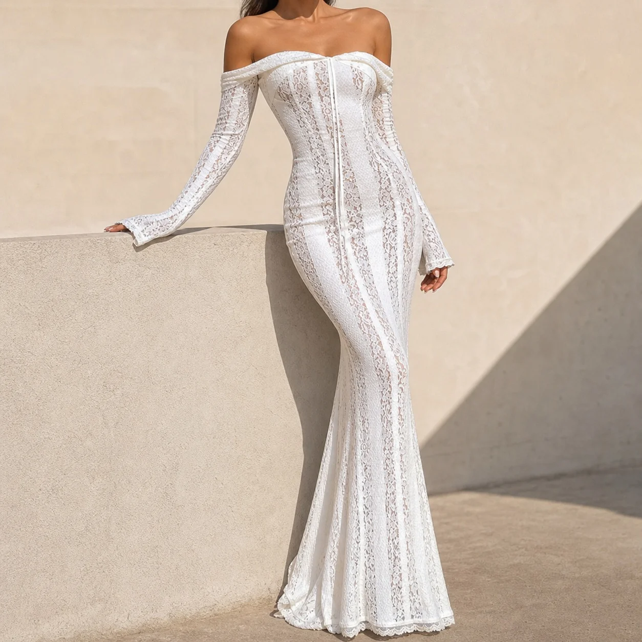 Off Shoulder Long Bell Sleeve Lace Bodycon High Waist Pencil Dress for Wedding Guest Party Prom Elegant Party Robe Cocktail