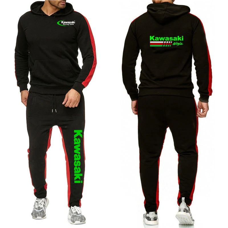 

Spring Autumn Men Kawasaki Two-piece Set Kawasaki Motorcycle Racing Logo Print Fashion Casual Cool Hoodies+Sports Pants Suits