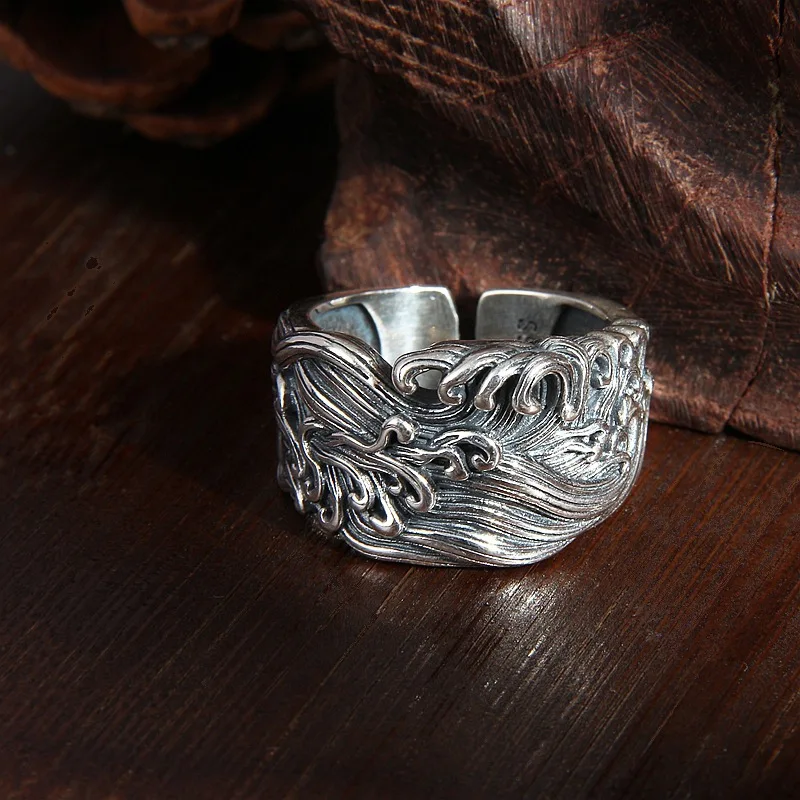 

Heavy Workmanship Wave Mens Thai Silver Rings Antique 925 Sterling Silver 3D Waves Finger Ring Vintage Fashion Guy Dress Jewelry