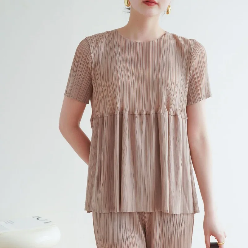 Miyake Sommer Plissee Frische Süße Casual Lose Spleißen Puppe Kleidung T-shirt Hemd Bequeme Casual Dünne Abschnitt Falten-Freies