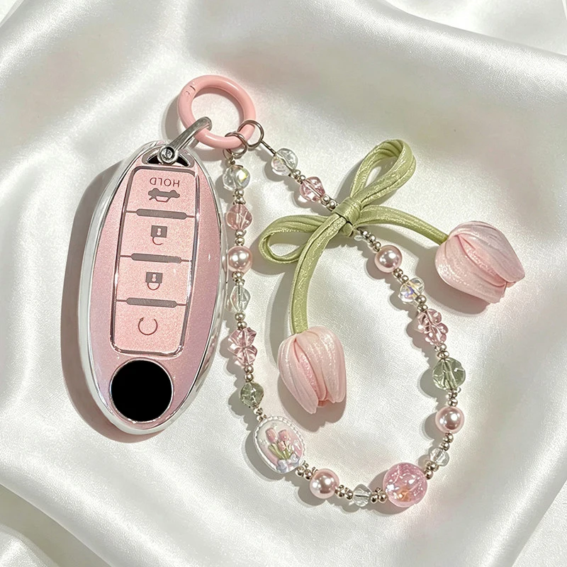 Pink Fresh Flowers for Nissan Micra Murano Juke Alissa Pulsar X-trail Note Almera Altima 4 Button Key Case Remote Car Key Cover