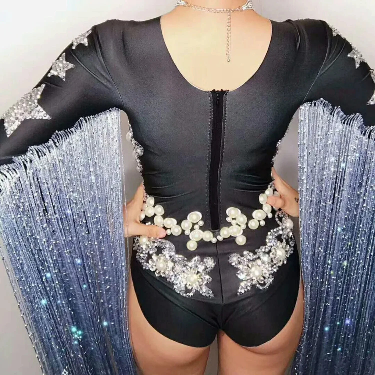 Glish Tassel Crystal Bodysuit Rhinestones Stage Outfit Leotard Nightclub Female Dj Performance Show Singer Party Dance Wear