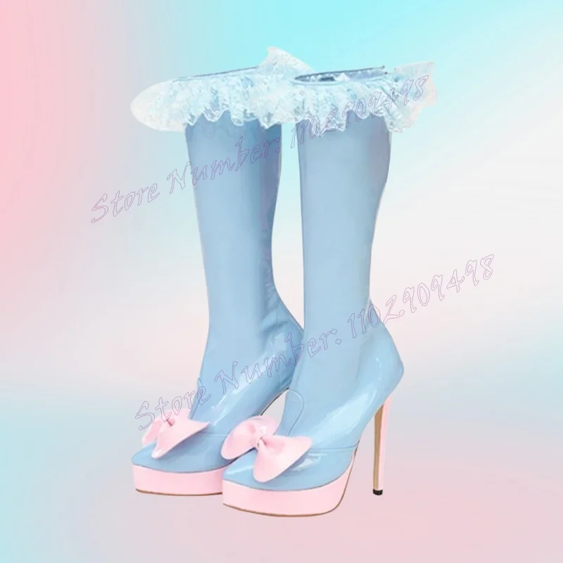 

Blue Lace Decor Pointed Toe Boots Patent Leather Platform Shoes for Women Thin High Heels Sexy Shoes 2025 Zapatos Para Mujere