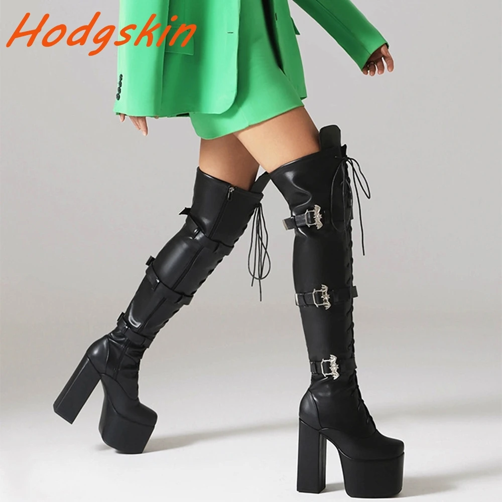 

Black Over The Knee Boots for Women Buckle Strap Metal Decoration High Platform Chunky Heels 2024 Punk Lace Up Boots Large Size