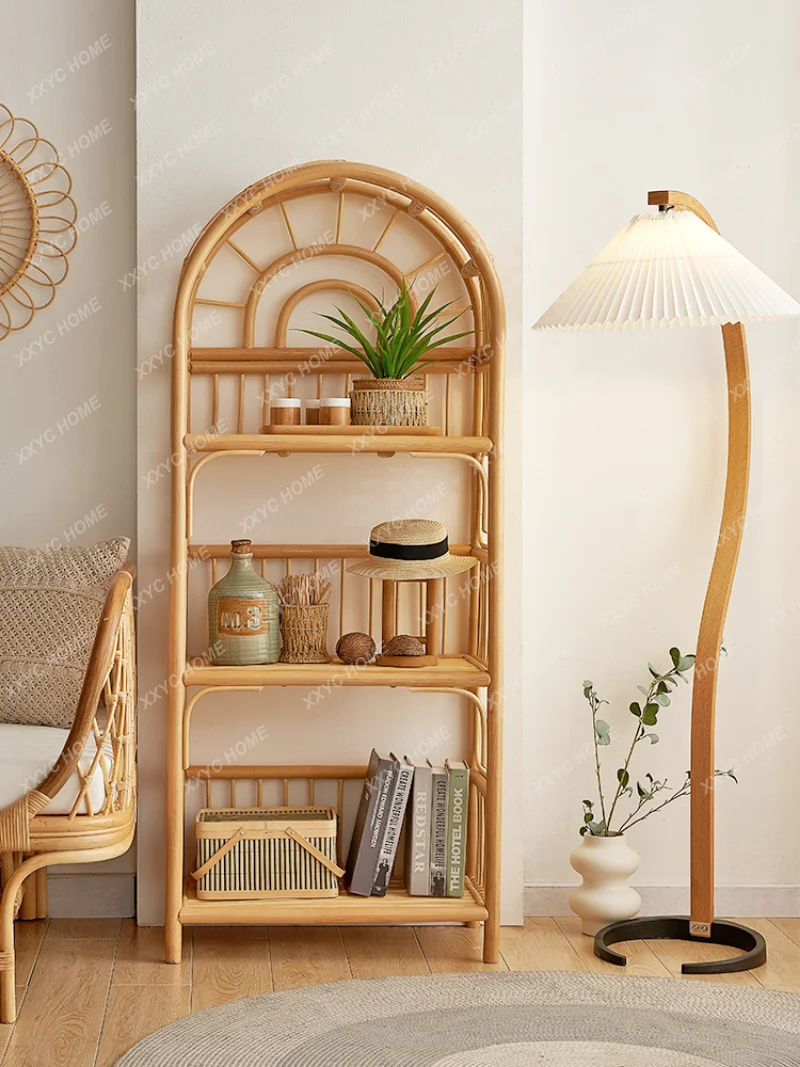 Rattan Woven Bookshelf Southeast Asia Rattan Art Floor-to-ceiling Shelving Household Rattan Shoe Rack Storage Shelf