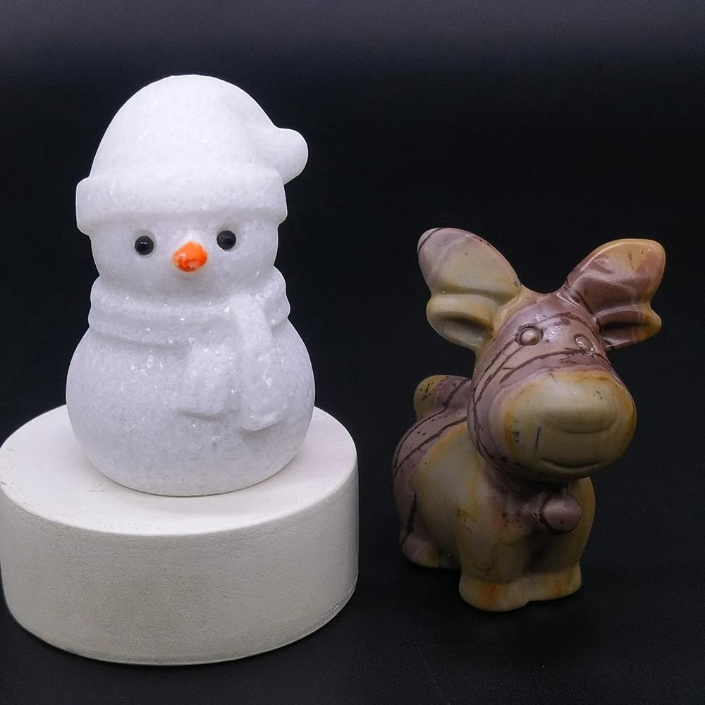 Creative Elk Deer Snowman Statue Natural Stones Crystals Animal Figurine Christmas Home Ornaments Decoration DIY Accessories
