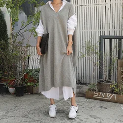 Vintage Casual Winter Oversize Thick Straight Sleeveless Sweater Dress Women Knitted Long Dress Female Knitted Vest Dresses 2023