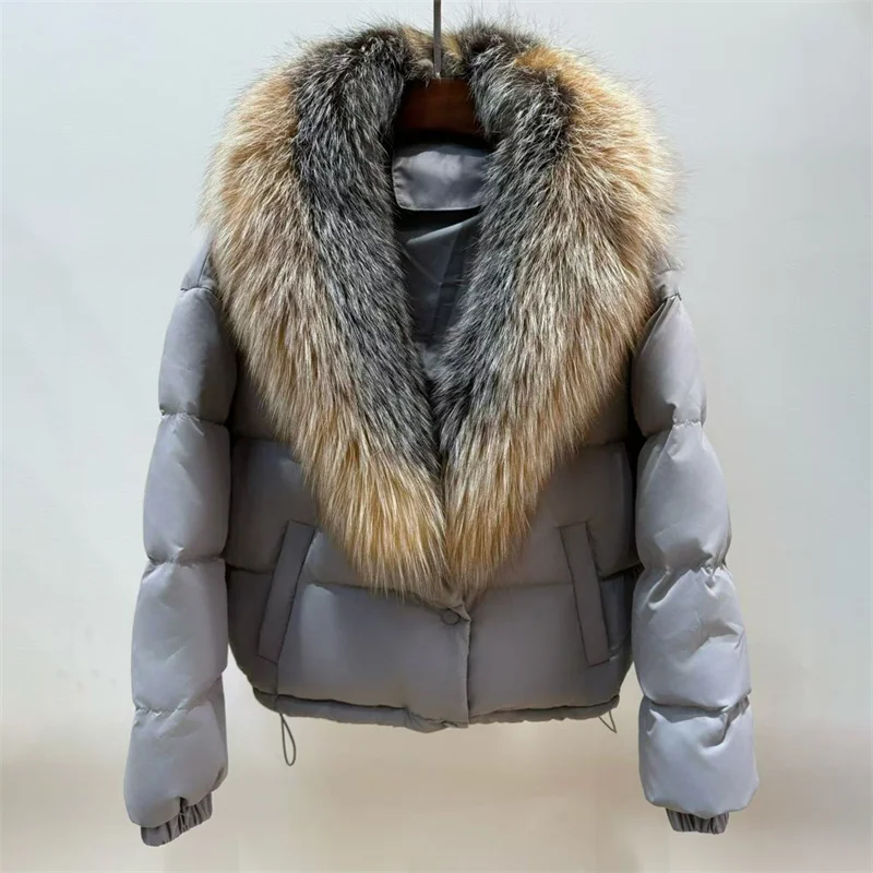 سترة شتوية نسائية 2025 سترة جديدة قابلة للفصل بياقة من فرو الثعلب 90 بطة بيضاء مملوءة معطف سميك دافئ y2k سترة منتفخة