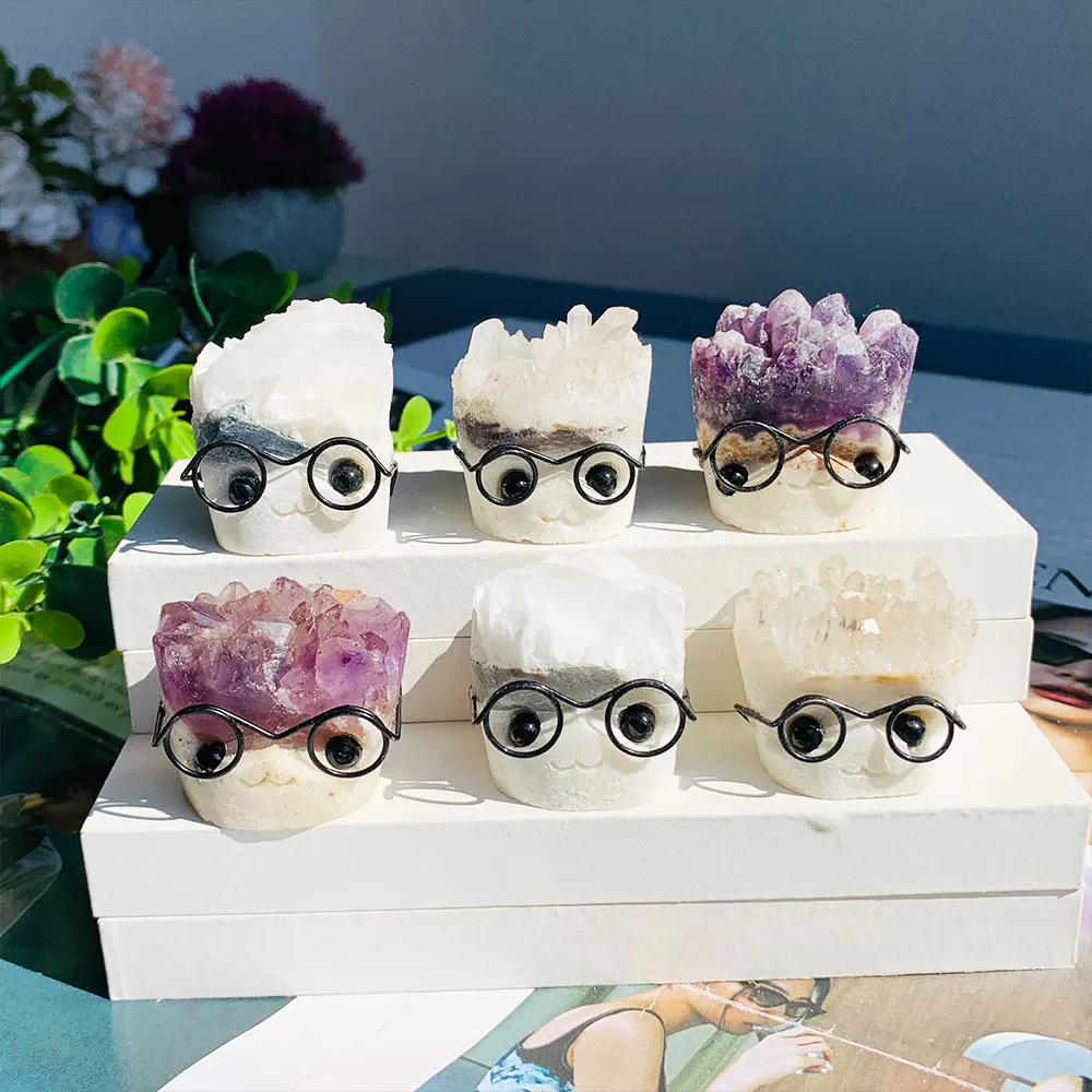 1 unidad de Adorno de Cristal Natural de Amatista con Mica, con diseño de Erizo con gafas y figura pequeña, Artesanía de Cuarzo para el Hogar, Oficina y Escritorio