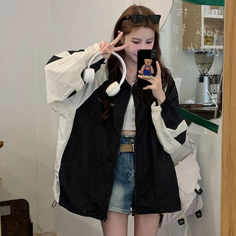 Harajuku Women Casual Jackets Korean Sweet Loose Zipper Patchwork Female Coats Preppy Style Fashion Ladies Sunscreen Coat