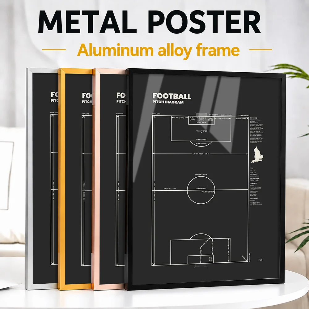 Football Pitch Diagram Blueprint Metal Poster With Aluminum Alloy Frame Personalized Photo Drafting Style Wall Art For Library