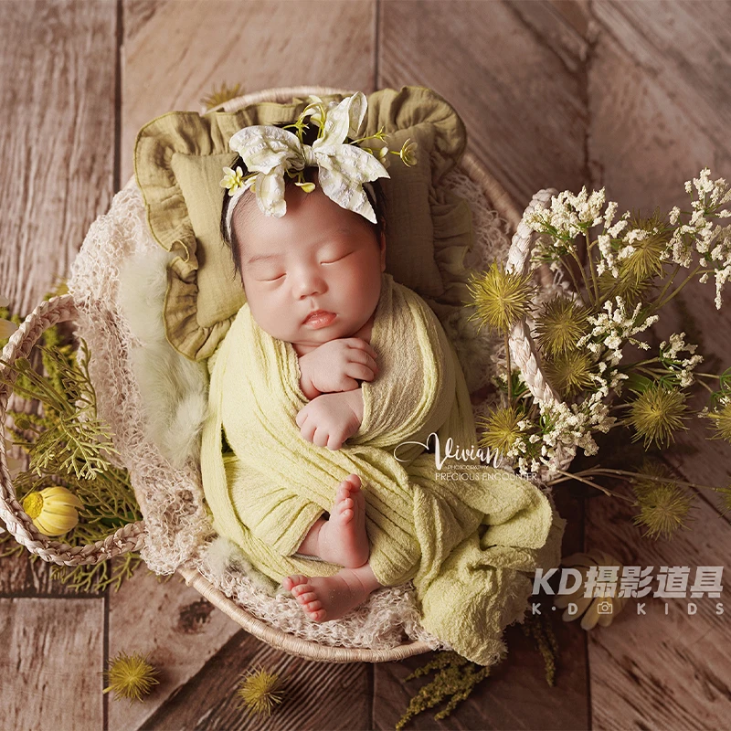 Spring Blossoms Theme Newborn Photography Props Set, Soft Swaddle Wrap + HeadFlower, 0-1 Month Baby Boys Girls Photoshoot Outfit
