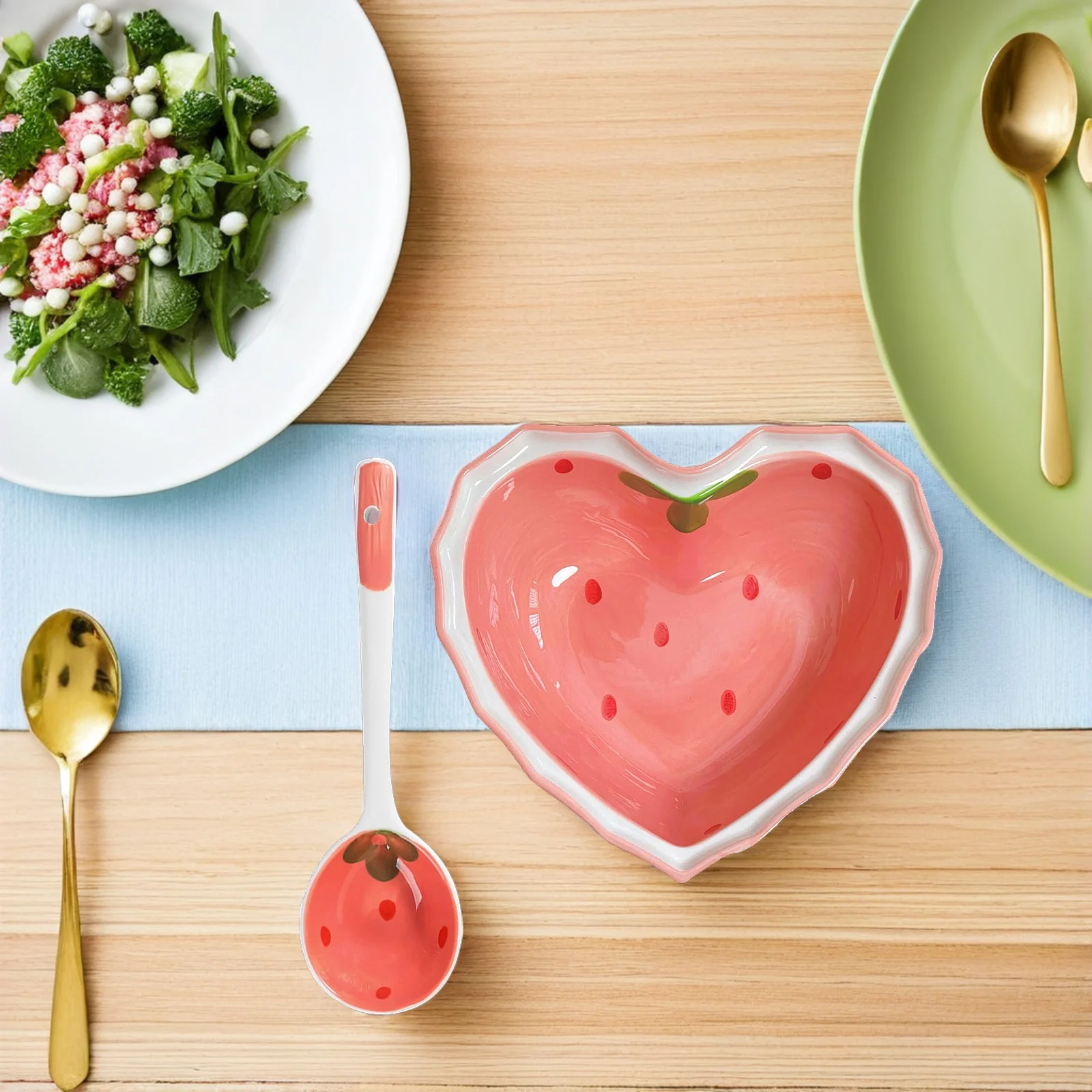 

1Set Strawberry Pattern Heart-Shaped Ceramic Bowl Spoon Set Household Serving Plate Multi-Function Food Spoon Kitchen