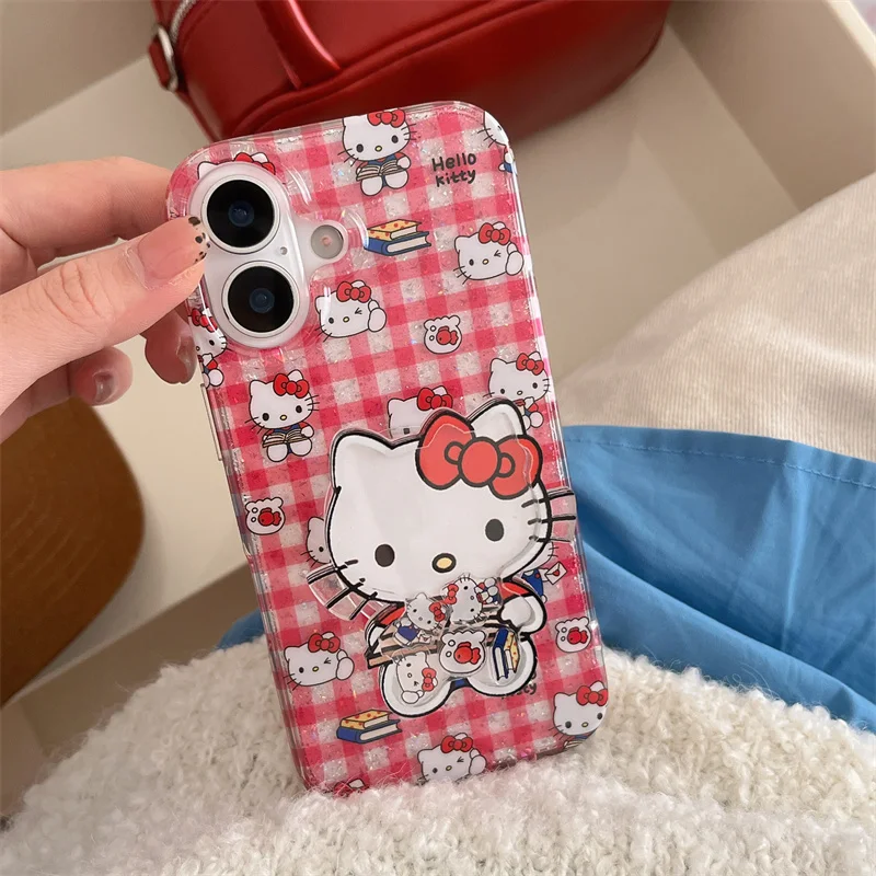 

Luxury Pink Lattice Cute Hello Kitty Cat Bling Glitte Phone Case For iPhone 13 14 15 16 Pro Max Funny Cartoon KT Shake Holder