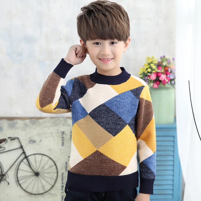 

Autumn And Winter Thickening Plus Velvet Warm Boy Sweater New Boy Sweater Baby Striped Plaid Sweater Knitted Children's Clothing