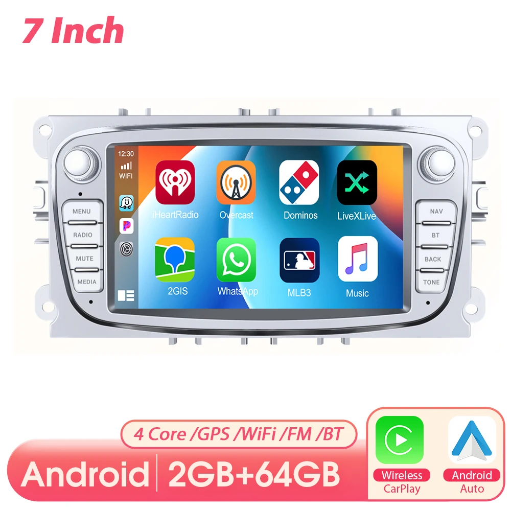 Podofo 2Din 7 inch autoradio 2+64GB multimediaspeler Carplay Android Auto voor Ford Focus Mondeo C-MAX S-MAX Galaxy II Kuga