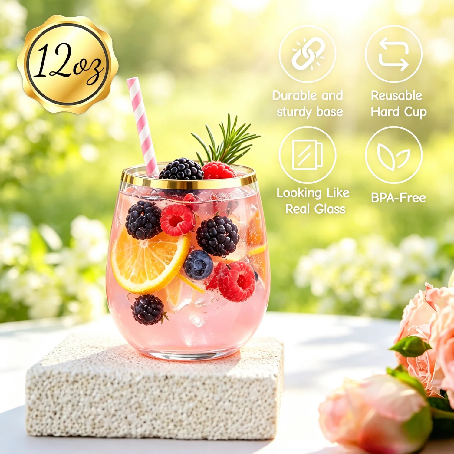 12-48Pcs 12oz Disposable Stemless Plastic Wine Glasses Clear Shatterproof Reusable Cups for Parties