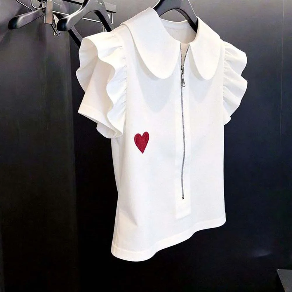 2026 summer Korean lace short-sleeved shirt half zipper lapel collar foreign style love embroidery thin versatile T-shirt women