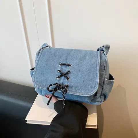 Women's Lace-up Bow Denim Messenger Bag, Adjustable Strap Crossbody Shoulder Purse, Casual Korean INS Style Flap Handbag