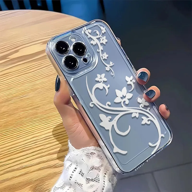

Clear Transparent White Floral Vine Phone Case For iPhone 17 16 15 14 Plus 13 12 11 Pro Max 17 Air 16E Shockproof Phone Cover