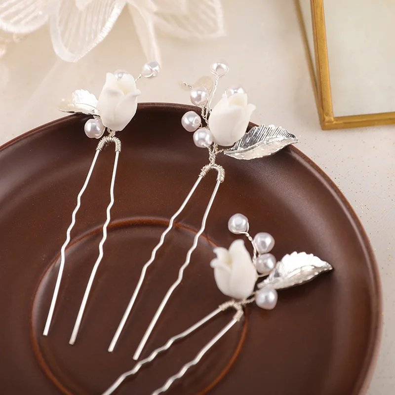 Floralbride Alloy Leaf Ceramic Flower Rhinestones Crystal Pearls Bridal Hair Pins Wedding Hair Sticker Women Hair Accessories