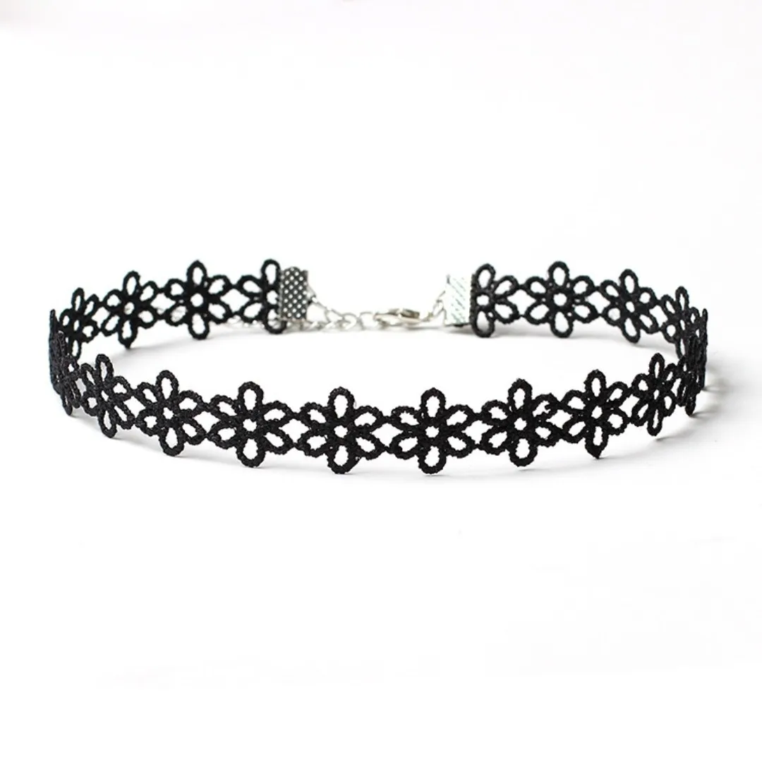 6 Pcs Set Black Simple Fashion Gothic Floral Shape Lace Alloy Choker Necklace Women Party Outfit Jewelry