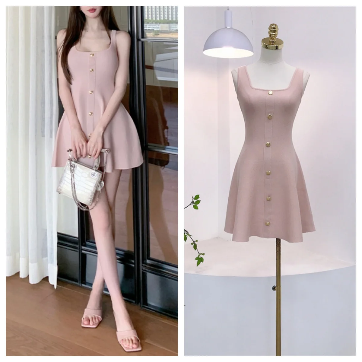 2025 Estate Nuovo Puro Desiderio Seta del Ghiaccio Colletto Quadrato Petto Senza Maniche Vita Gonna a Forma di A Gonna Corta da Donna