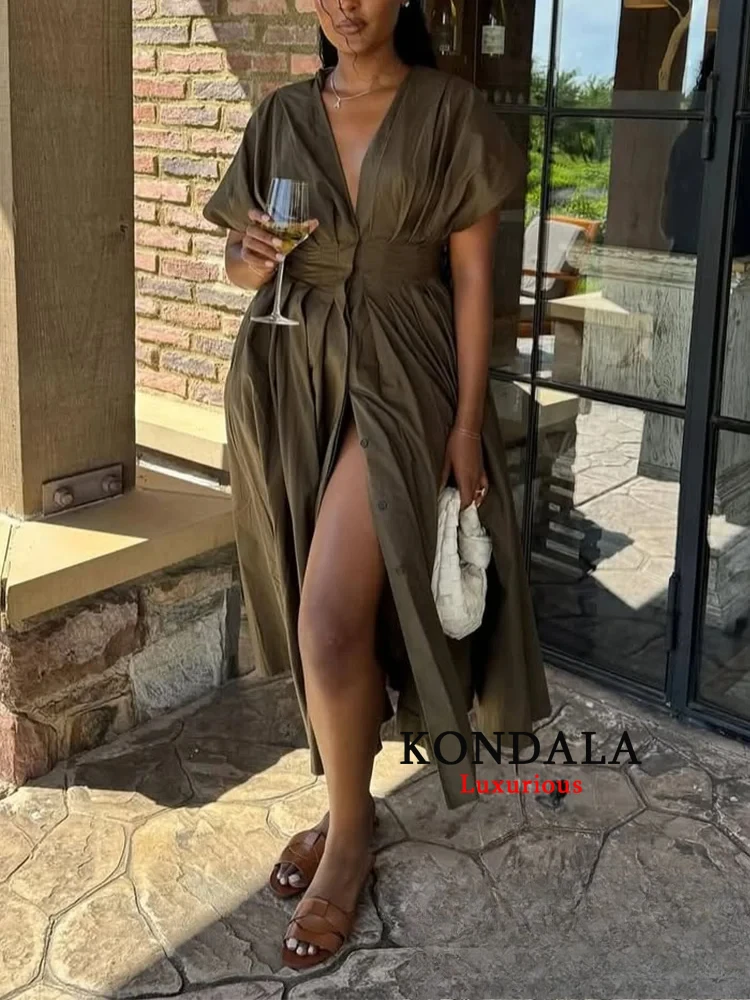 فستان نسائي كلاسيكي أنيق غير رسمي من KONDALA برقبة على شكل حرف v وأربطة ثنيات طويلة موضة صيف 2025 فستان فضفاض قابل للطي للعطلات