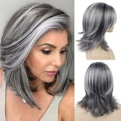 GNIMEGIL Synthetic Wigs for Women Long Hair Old Lady Wig Layered Hair with Curtain Bangs Mix Grey Color Natural Wigs for Daily