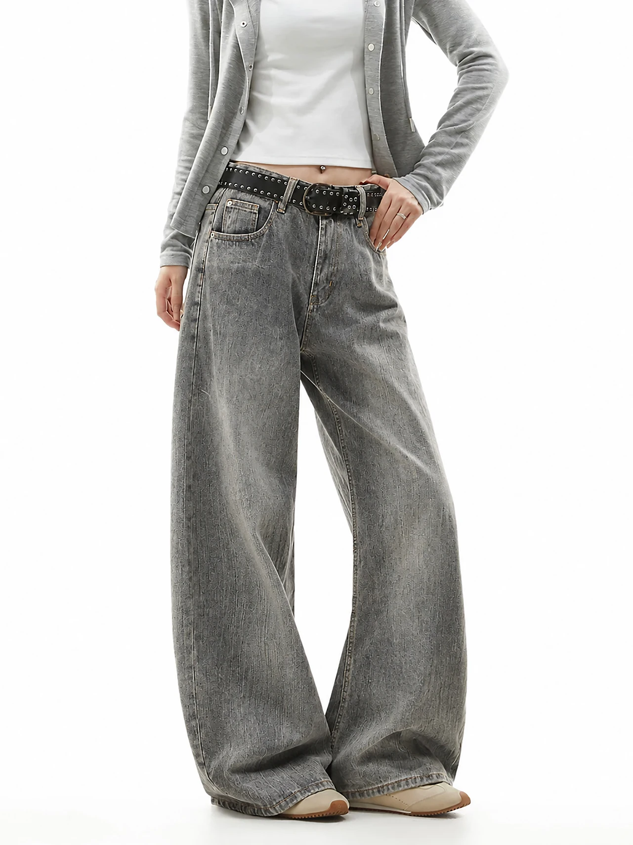 Ant American Retro Grey Wide Leg Jeans Women High Waist Loose Concealment Draping Long Pants Casual Style Cotton Straight Leg
