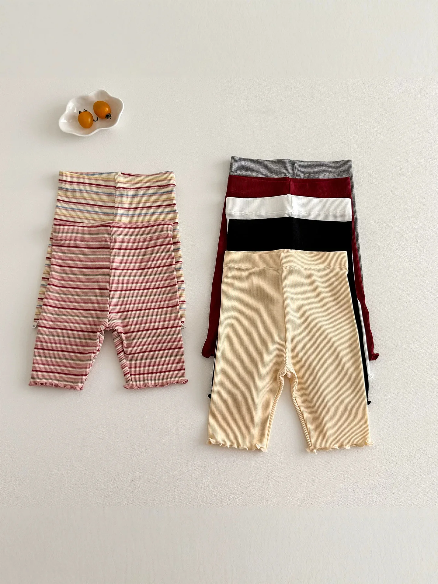 2-6Y Kids Girls Ribbed Biker Shorts Ruffle Hem Solid Leggings Stretch Striped Pants Summer Children Under Skirt Shorts