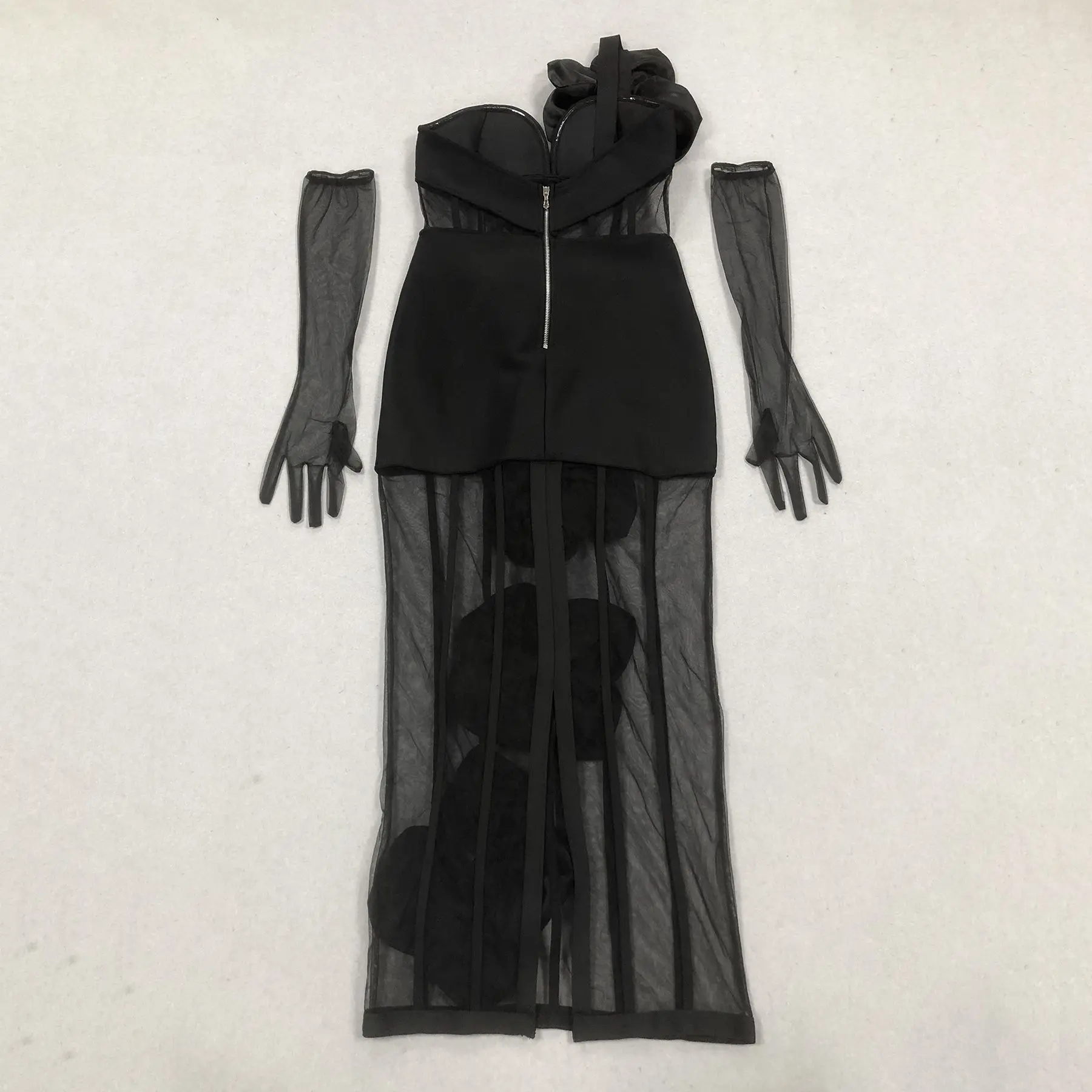 ZNS Sexy One Shoulder Bow Mesh See Through Bandage Bodycon Dress With Gloves Black Sleeveless Elegant Party Birthday Dresses