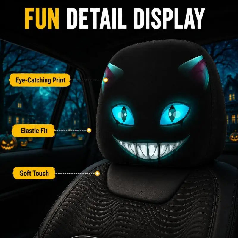 2PCS Funny Cat Car Headrest Covers, Halloween Car Accessories, Stretch Fit Auto Headrest Decor for Car Interior
